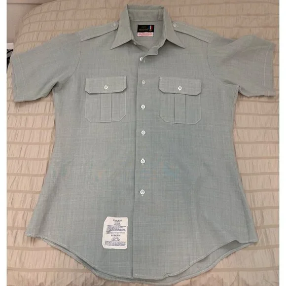 Vintage Men's FLYING CROSS Uniform Shirt - Green Short Sleeve Size Small 10 1/2 - Picture 11 of 11